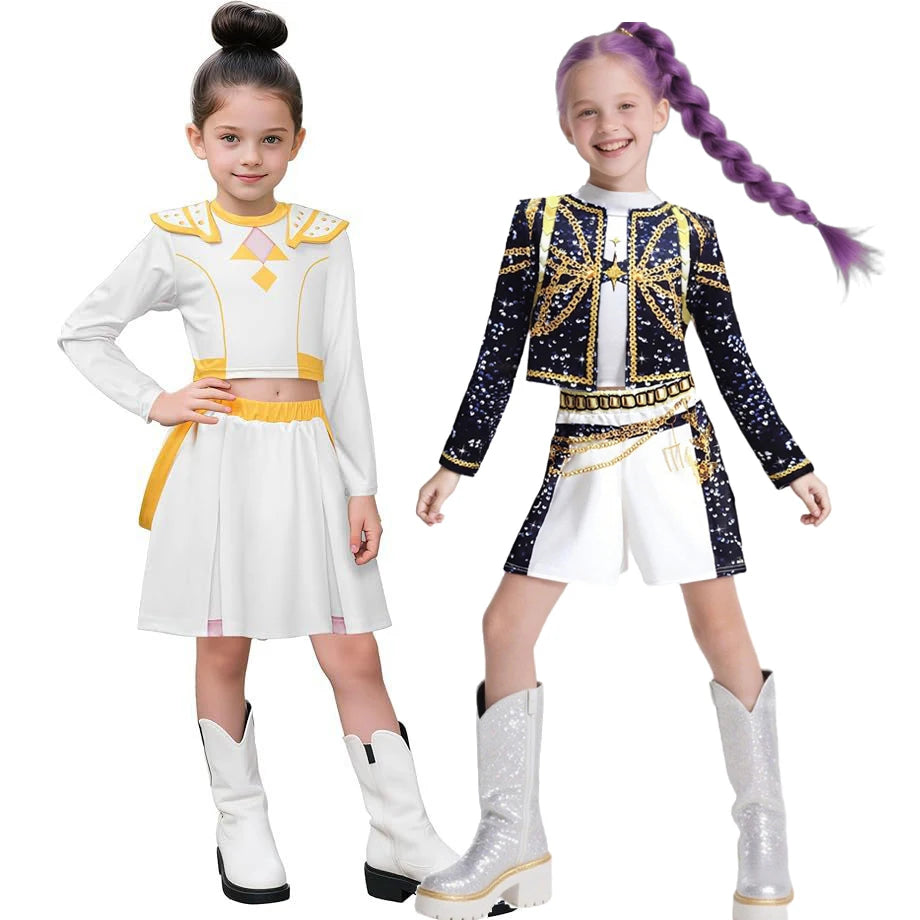 Kids wearing Zoey Rumi Mira cosplay outfit featuring stylish tops and skirts with colorful accents