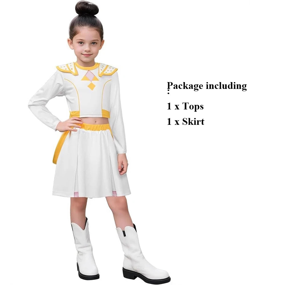 Child wearing Zoey Rumi Mira cosplay outfit with a white top and skirt for themed events