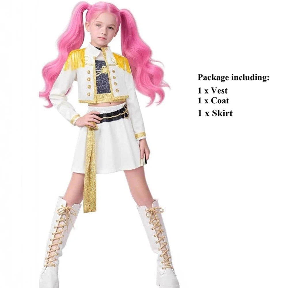 Zoey Rumi Mira cosplay outfit featuring a white coat and skirt with unique details for costume parties