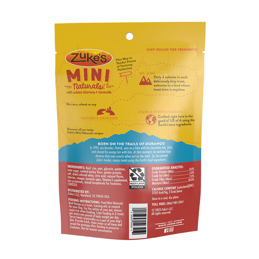 Back of Zukes mini beef dog treats bag showing nutrition facts and feeding instructions